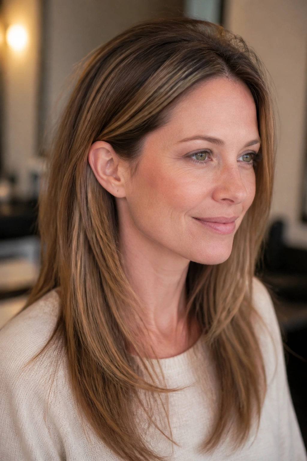 Close-up portrait of a real woman showing tucked-ear angle with subtle graduation hairstyle