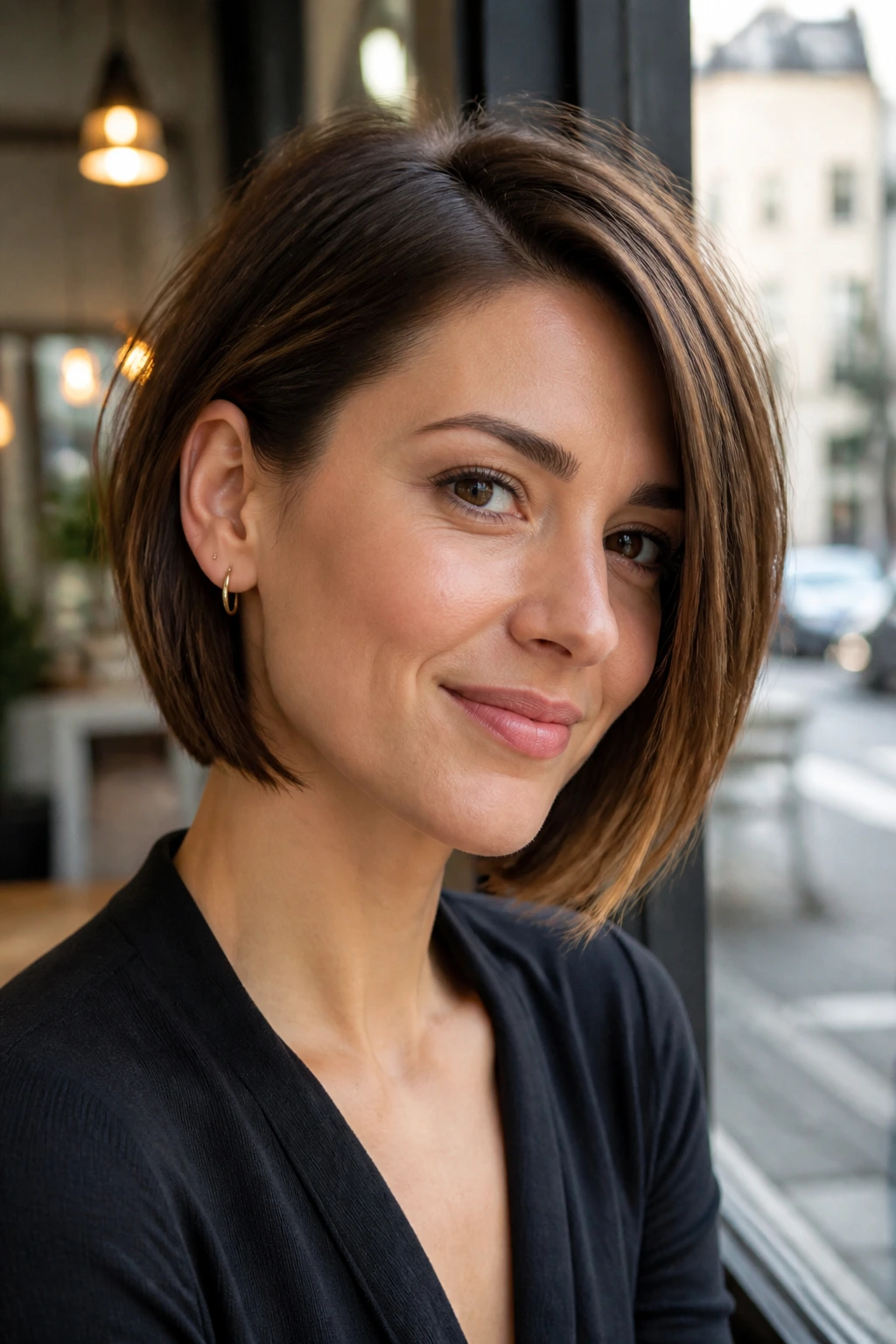 Real woman with tucked-behind-the-ear bob in cafe window light