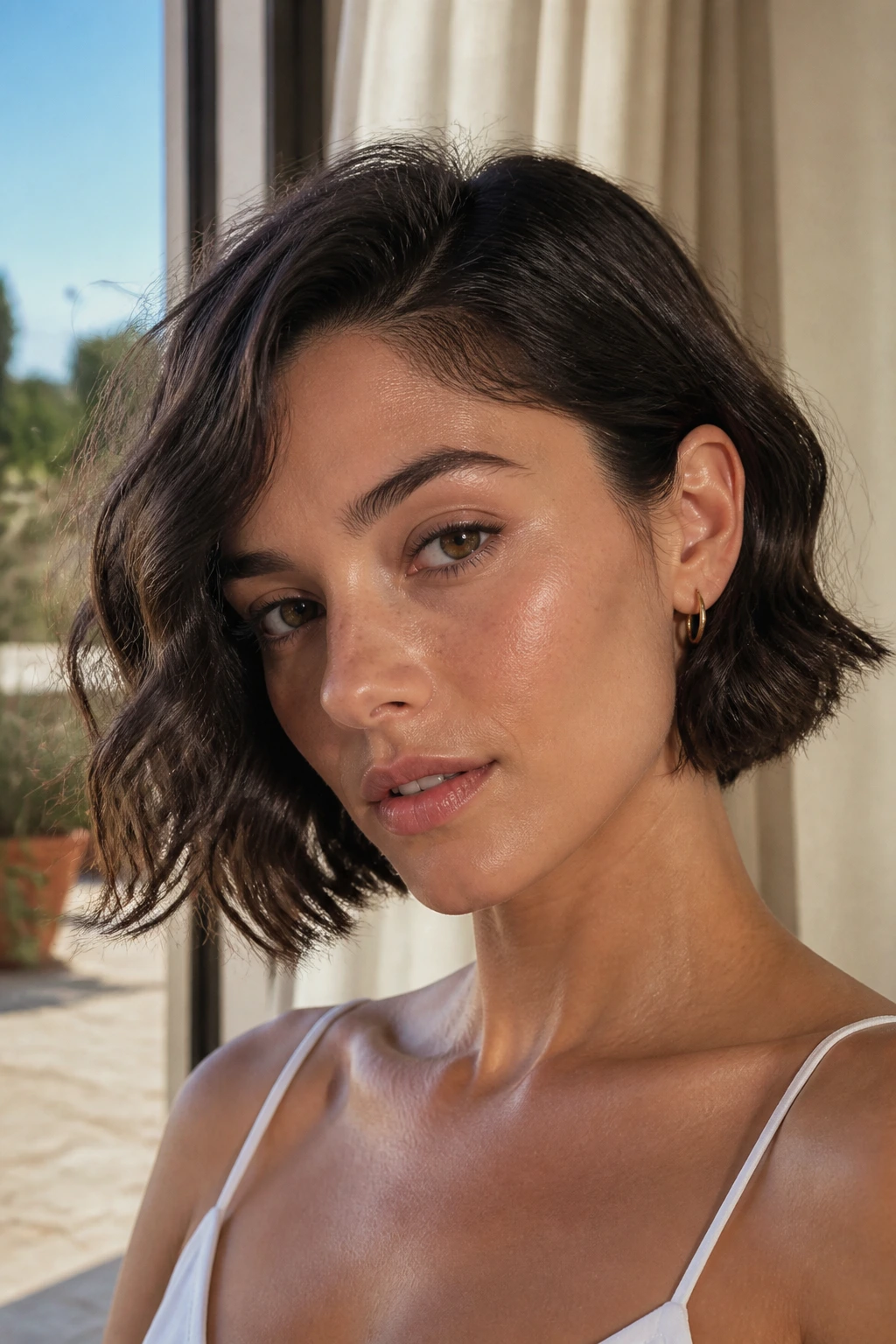 Portrait of a woman with tucked-ear bob showing asymmetry