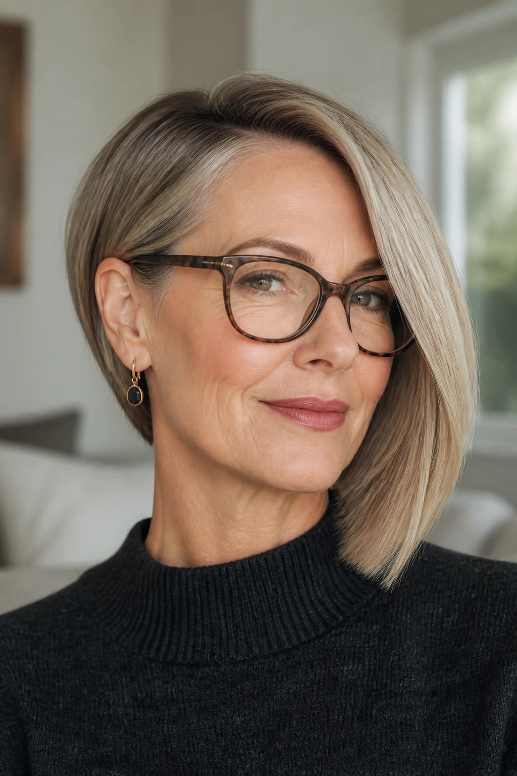 Close-up portrait of a woman wearing glasses with a tucked-behind-ear bob