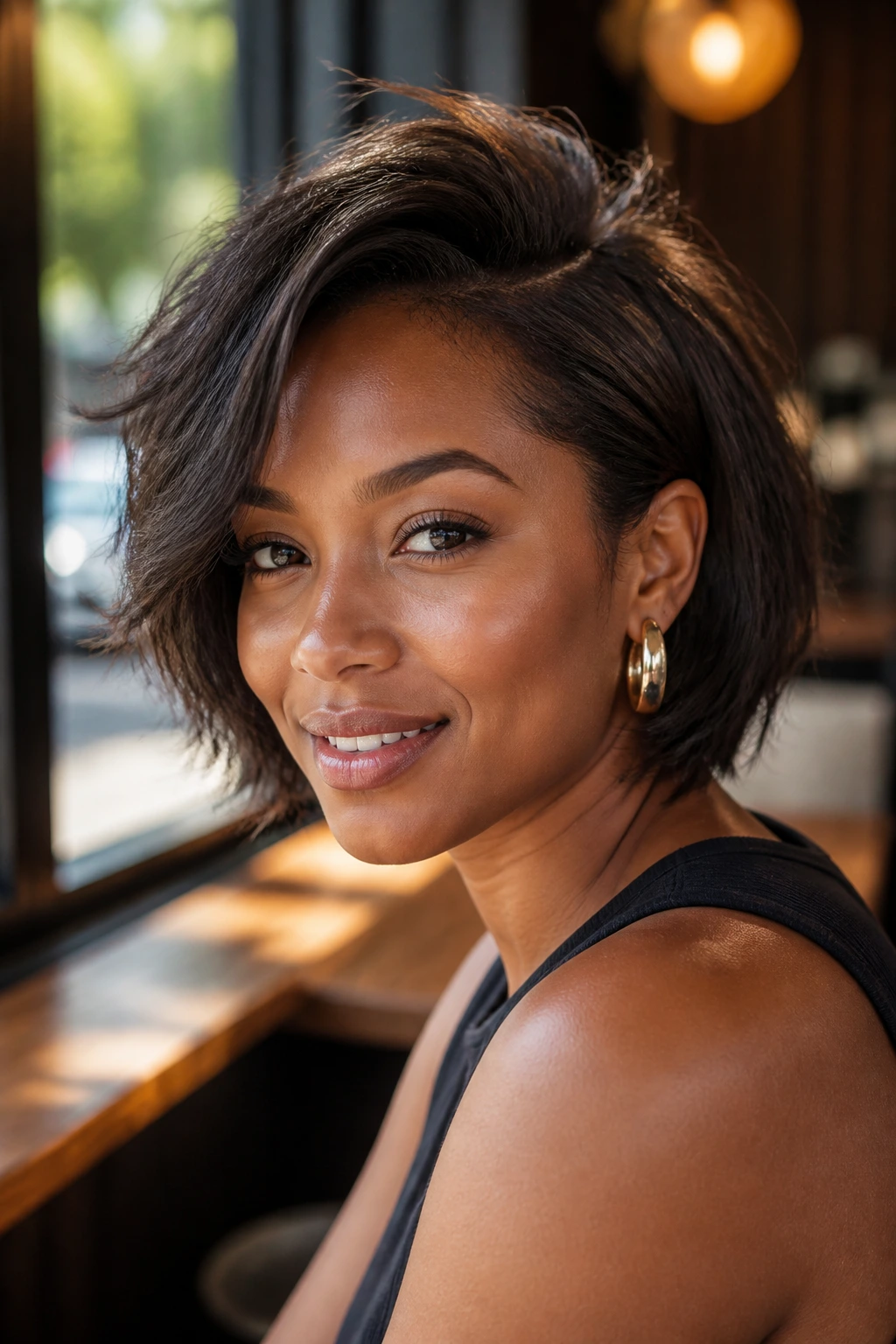 Close-up of a real woman with a tucked-behind-ear bob and root lift.
