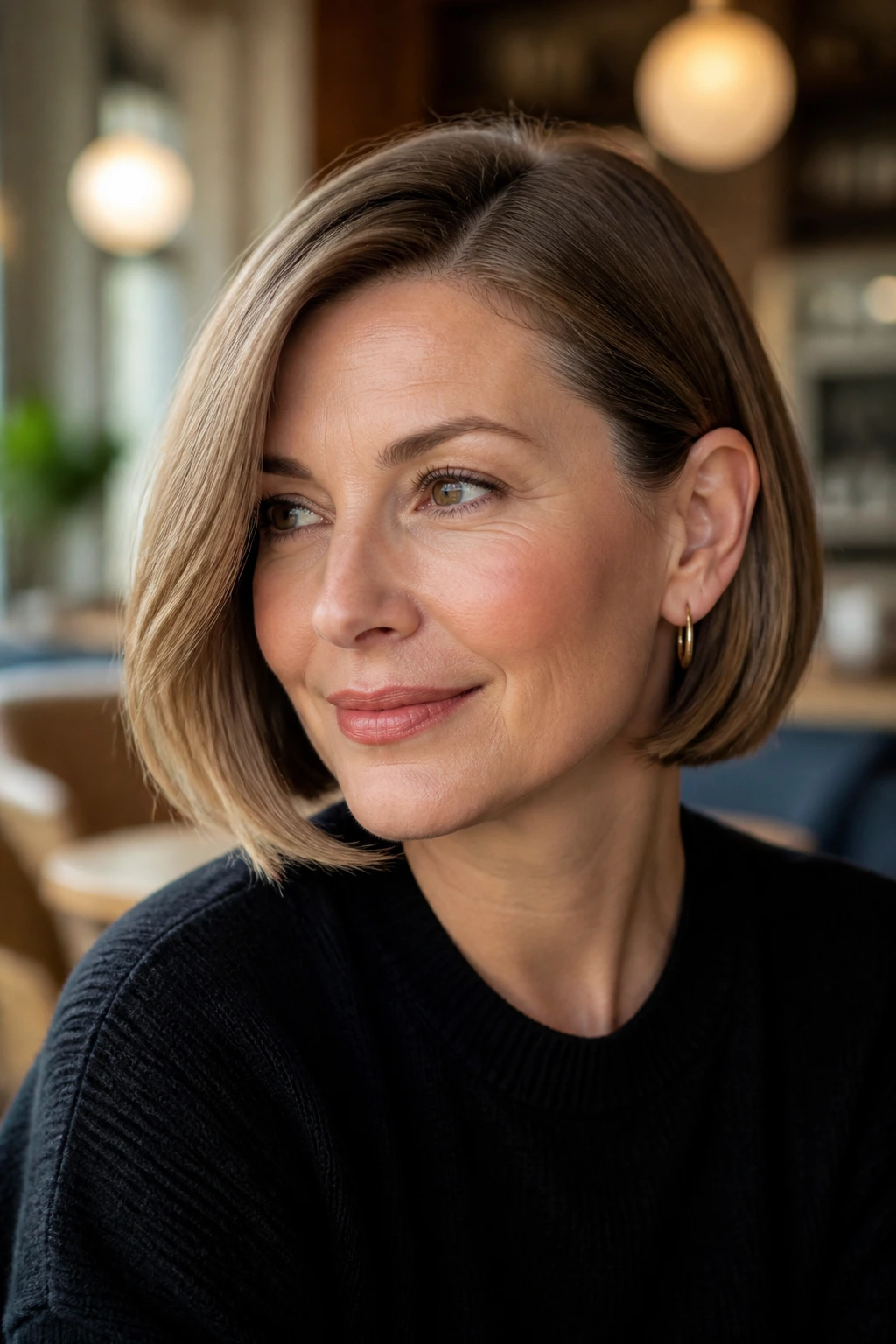 Real woman with tucked-ear bob, ear visible and tucked hair behind ear.