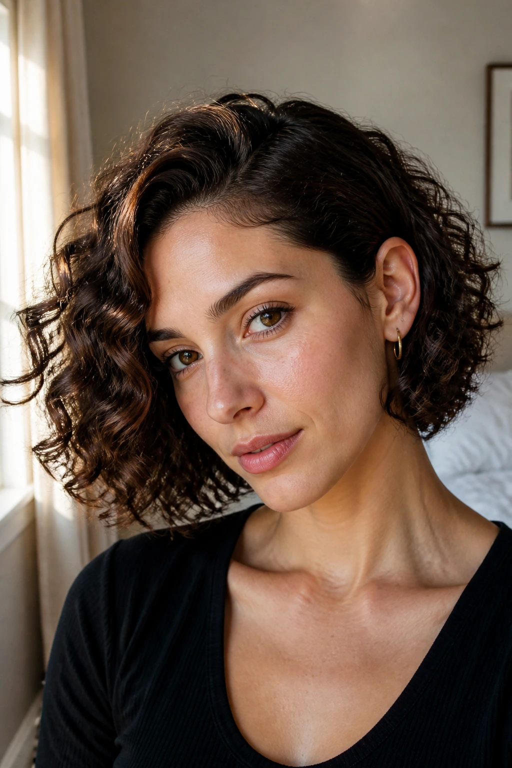 Close-up portrait of a real woman with a tucked-behind-ear curly bob and mahogany lowlights