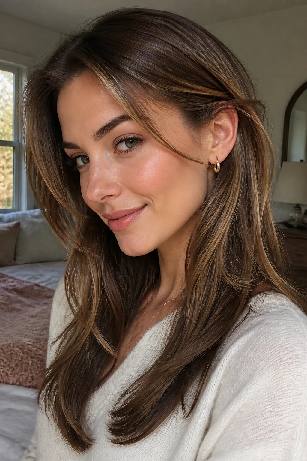 Close-up of a real woman with tucked-behind-ear layered haircut in warm natural light