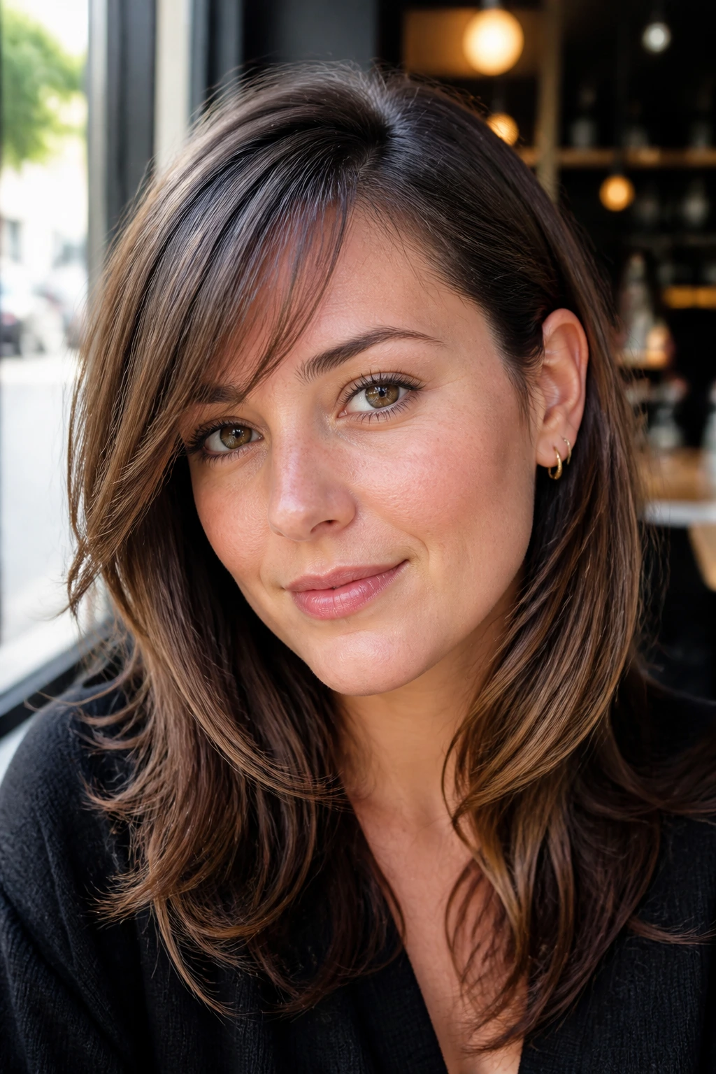 Close-up portrait of a real woman with tucked-ear layers and a swingy bang