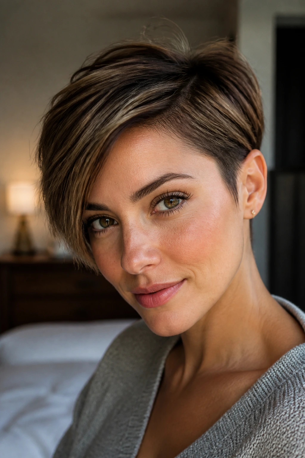 Close-up portrait of a real woman with a tucked ear-length pixie hairstyle