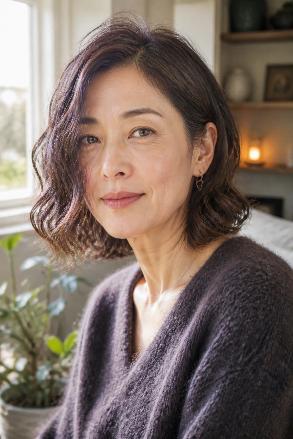 Close-up portrait of a real woman with a tucked-ear lob, warm window light, soft expression.