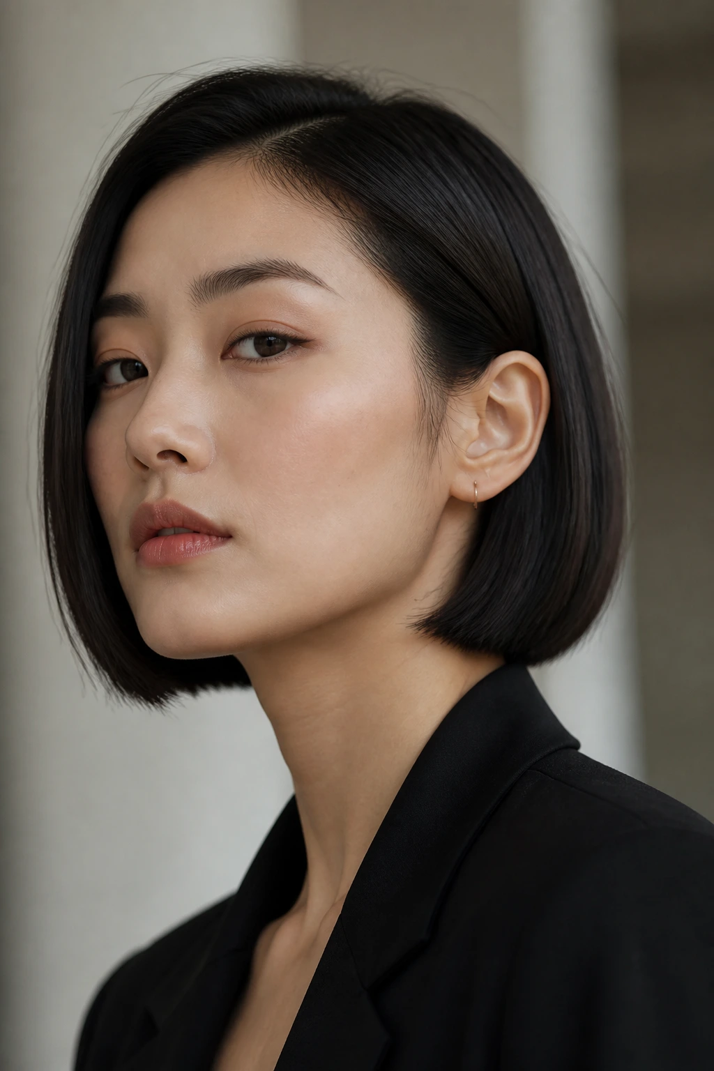 Close-up profile of a real woman with a tucked-ear minimal bob.