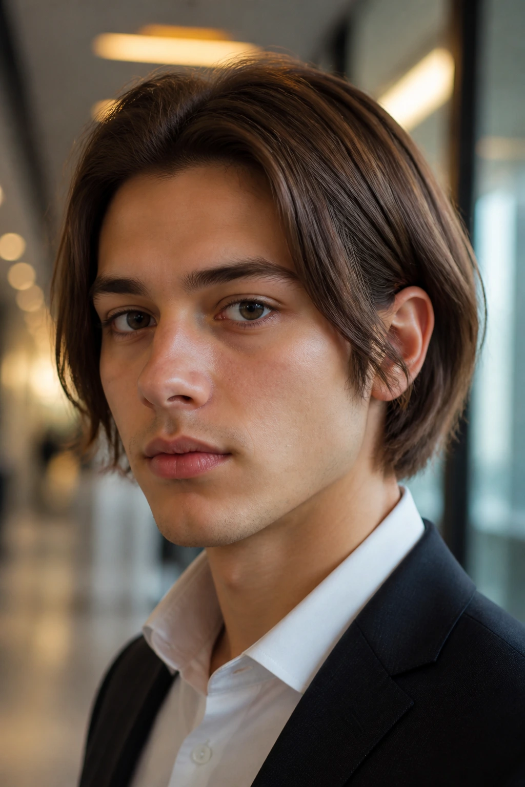 Close-up portrait of a real person with Tucked-Ear Pageboy With Long Front Corners, front corners tucked behind ears.