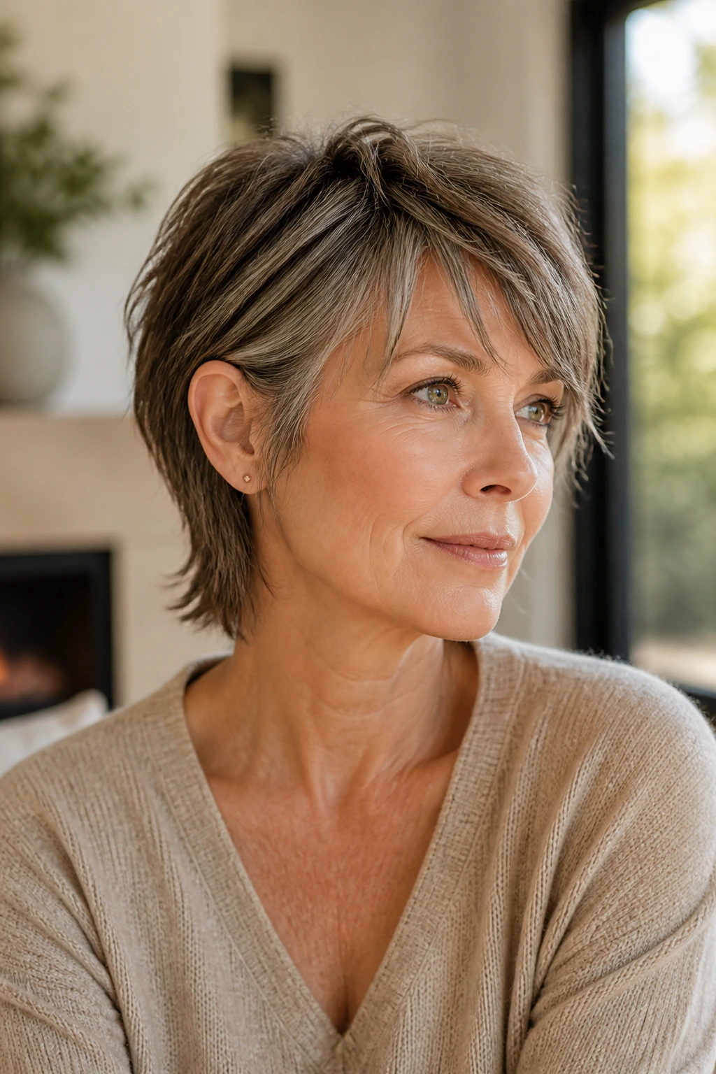 Close-up portrait of a real woman with tucked-ear shag tucking behind the ear on the side.