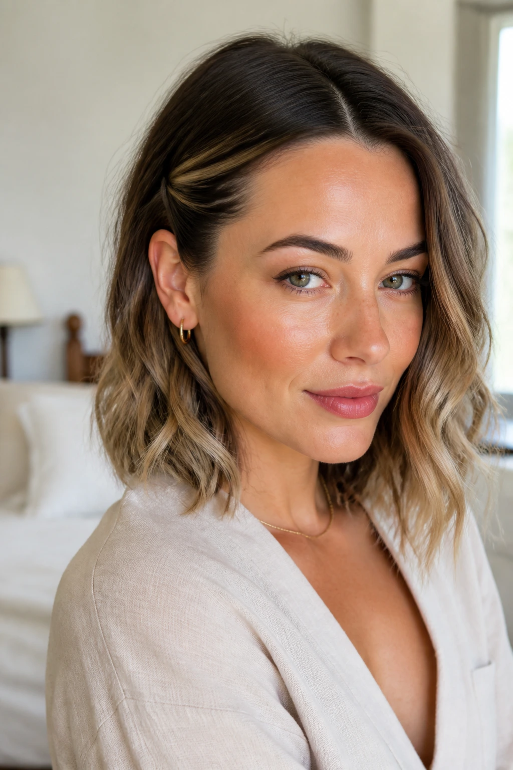Close-up of a real woman with a tucked-behind-the-ear wave in warm window light