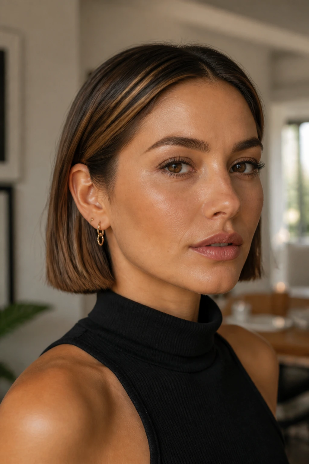 Close-up of a real woman with a blunt bob tucked behind the ears and caramel highlights.