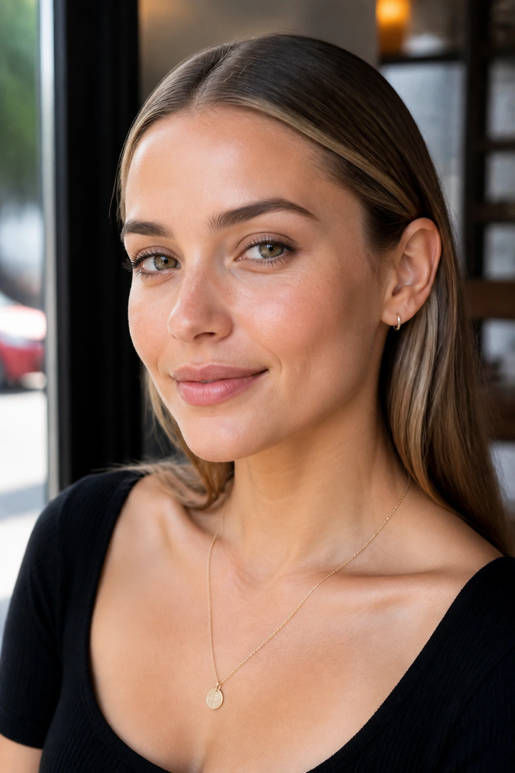 Portrait of a real woman with tucked behind ears lengths and a clean hairline.