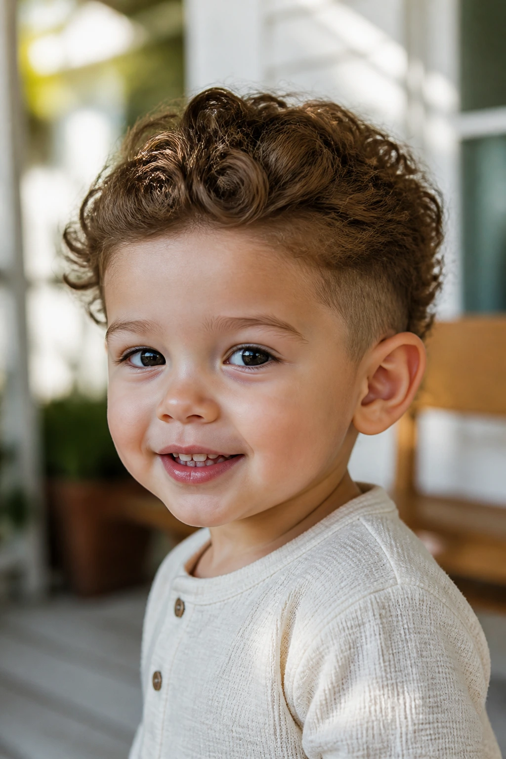 Close-up portrait of a real toddler boy with hair tucked behind ears pixie hairstyle on a sunlit porch