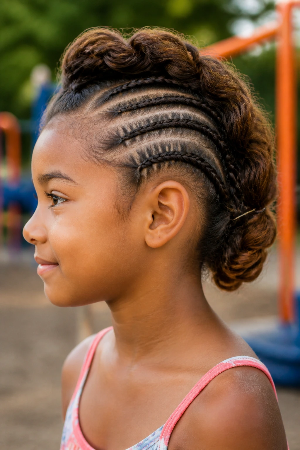 Real child with tucked-under mohawk ends secured with small pins outdoors