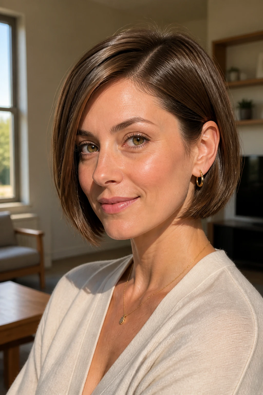 Close-up portrait of a real woman with a tucked-ends chin-length bob tucked behind the ears