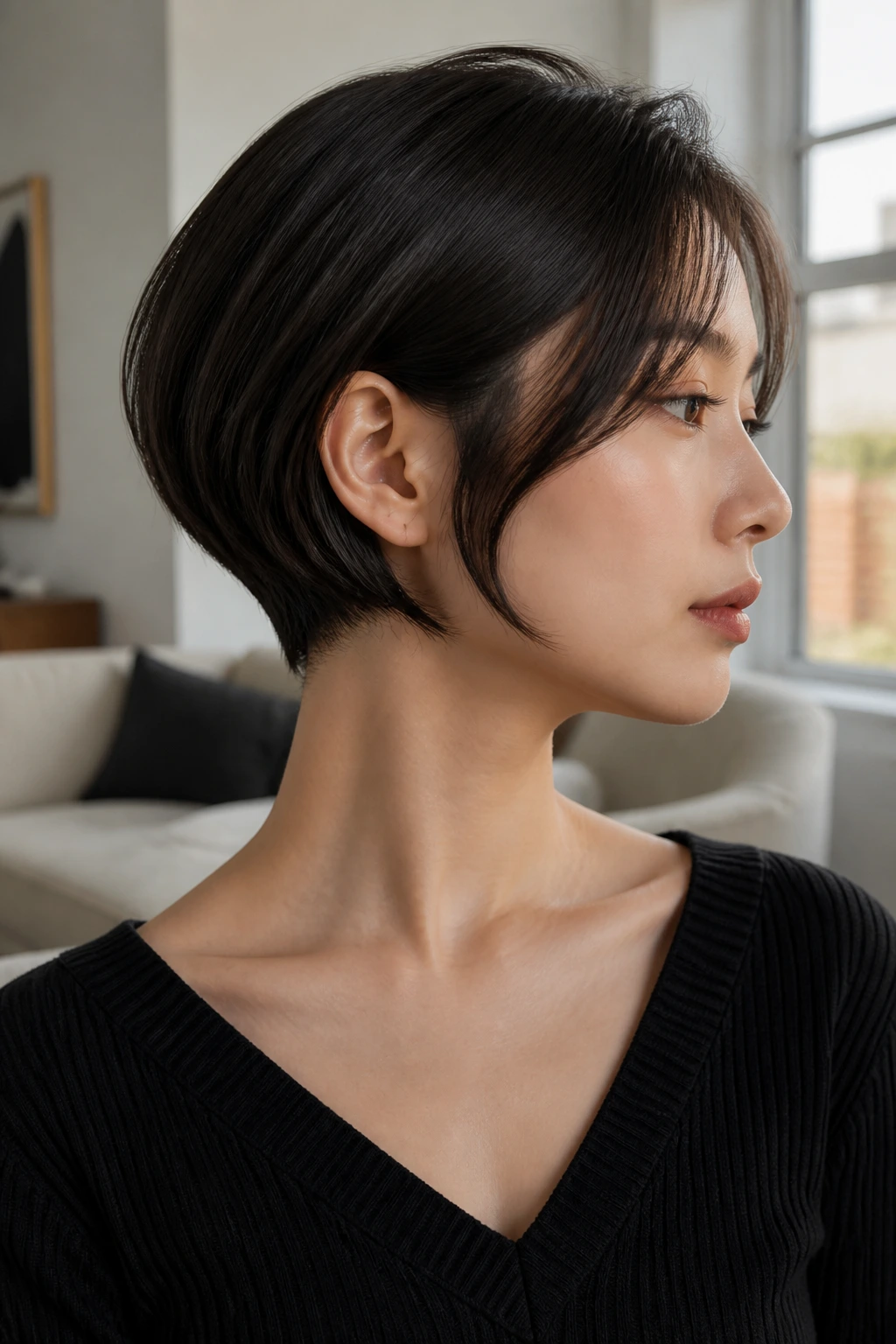 Profile of woman showing tucked-in bob with slight nape undercut