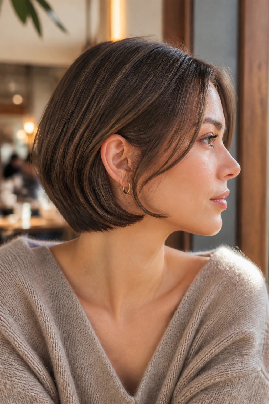 Tucked-in layered bob close-up showing tucked-front layers behind ear