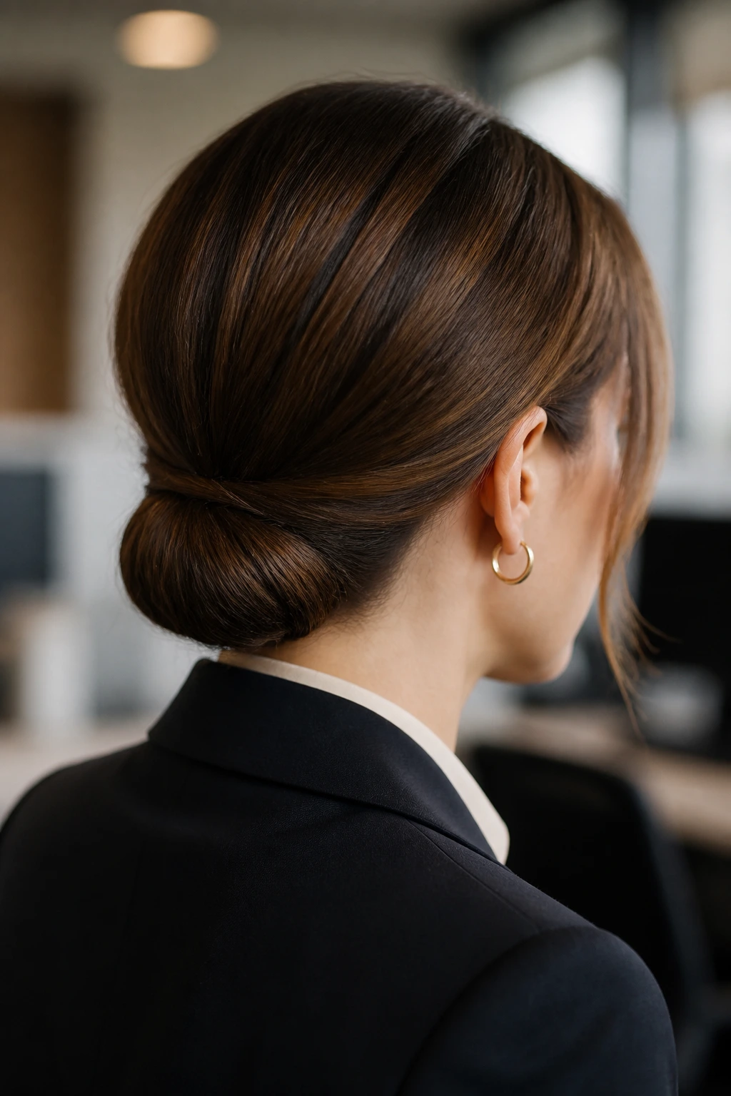 Back-of-head view of a real woman with a tucked-in nape roll