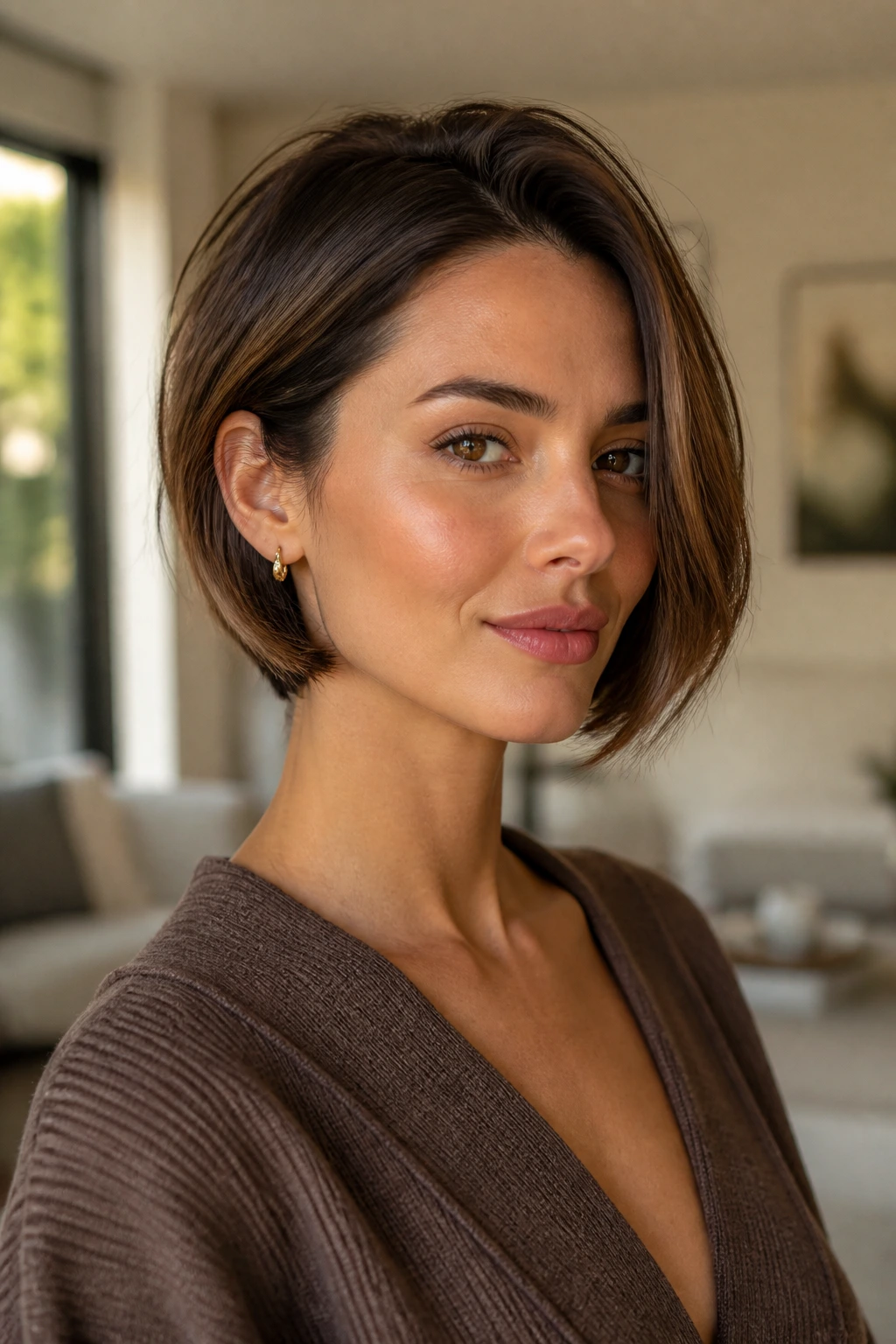 Close-up of a woman with a tucked Italian bob