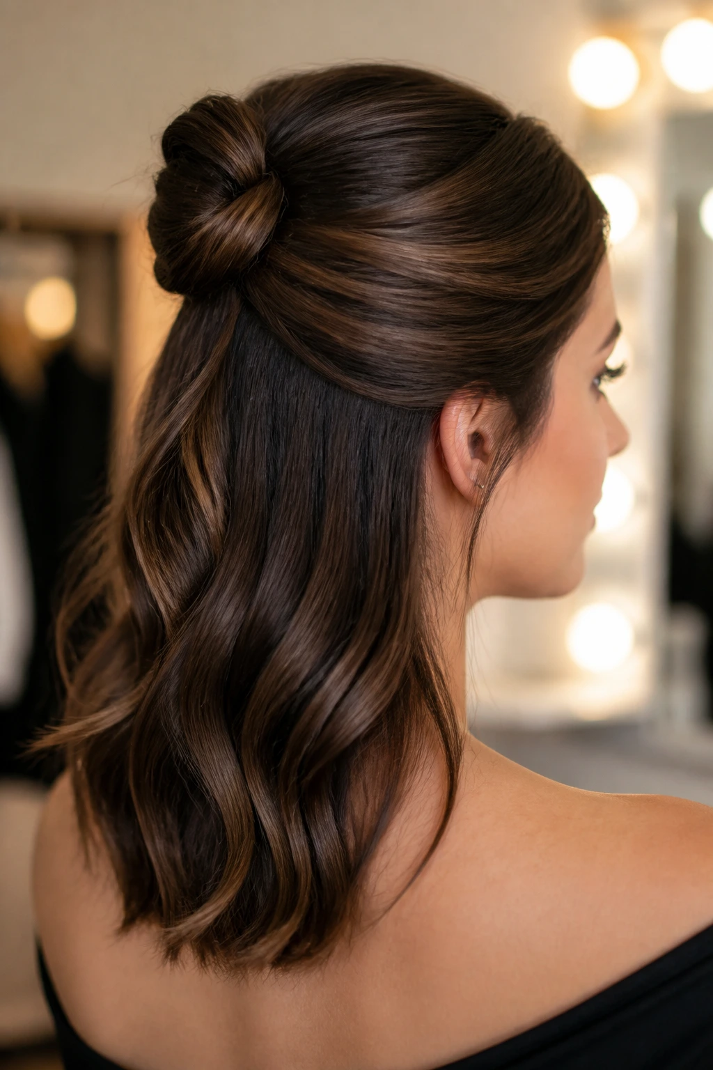 Portrait of a woman with a tucked knot half-up hairstyle
