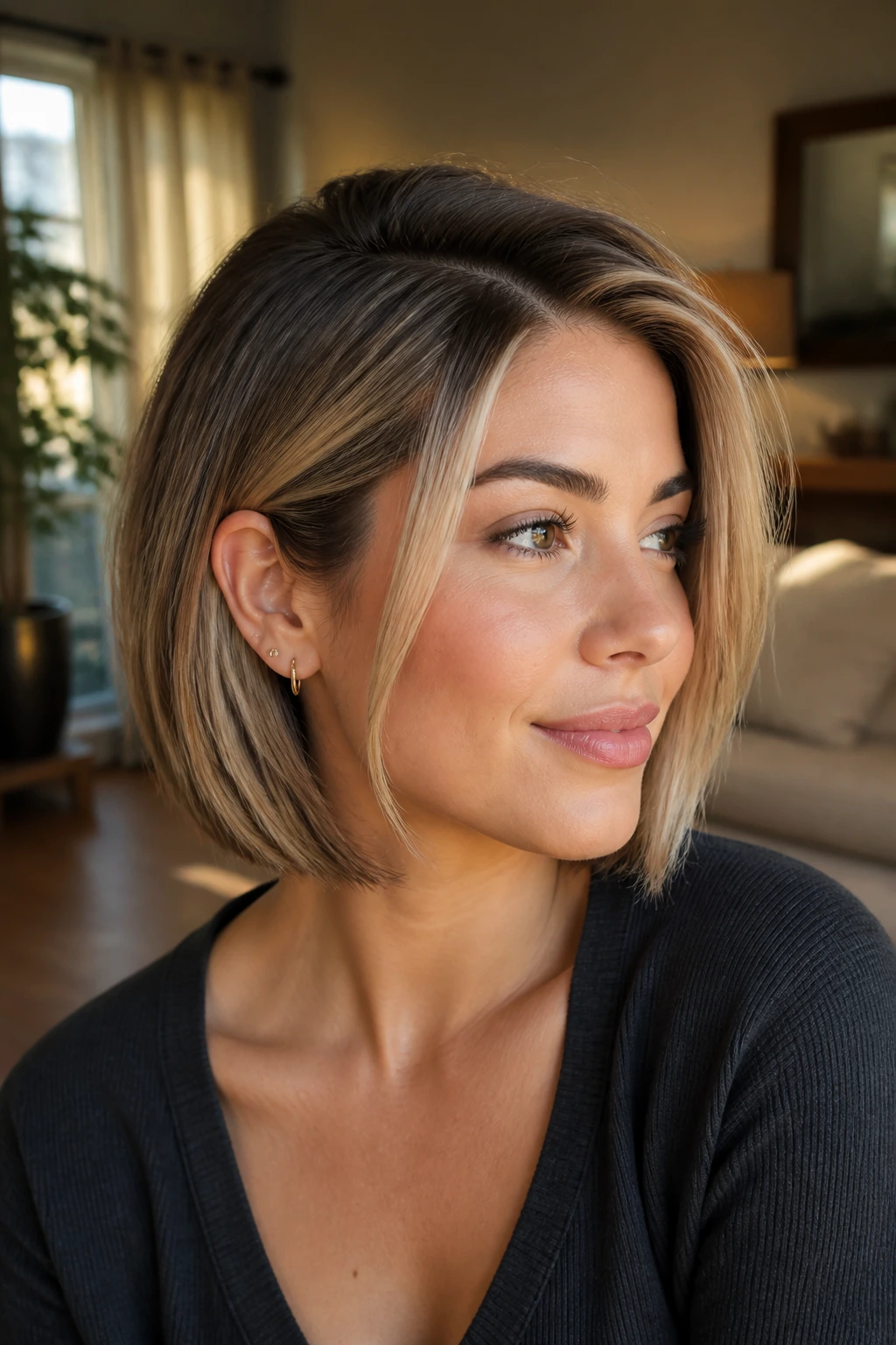 Close-up portrait of a real woman with tucked lob and bright temples