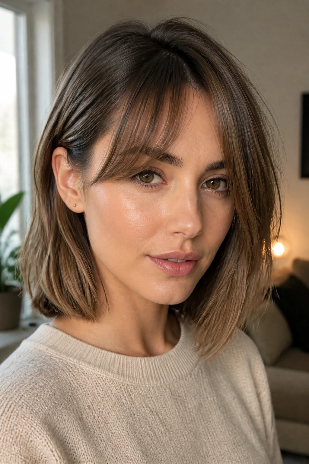 Close-up of a woman with tucked lob behind ear and soft curtain bangs in warm indoor light