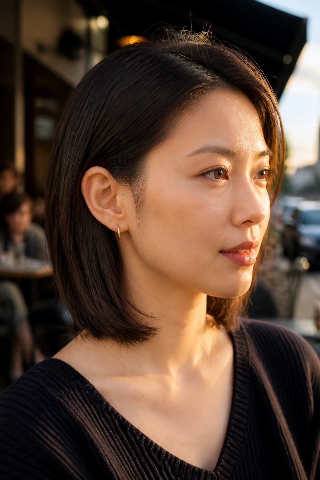Close-up of real person with tucked lob and ear-hugging sides