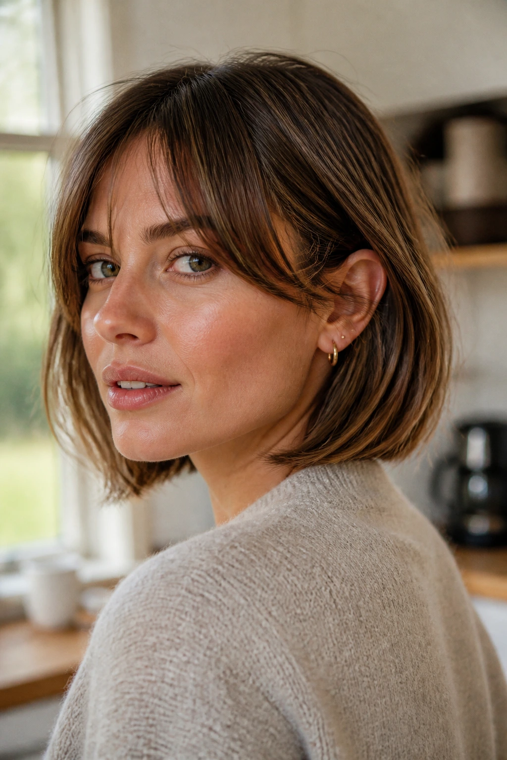 Real woman with tucked grown-out fringe and lob at jawline in warm home setting