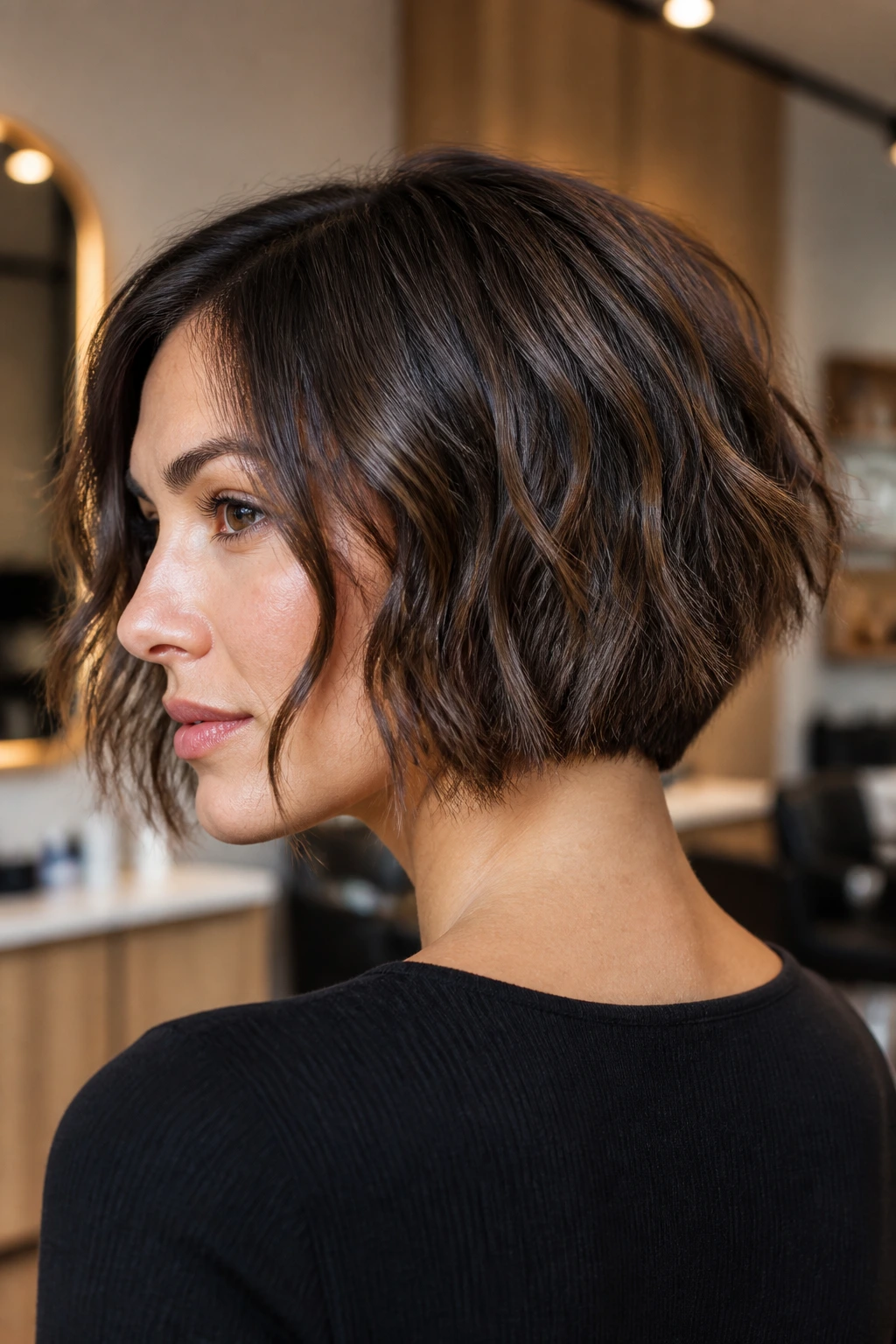 Real woman with tucked-nape bob showing broken ends at the nape