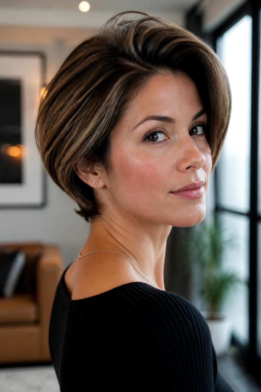 Close-up portrait of a real woman with a tucked nape bob and crown volume.