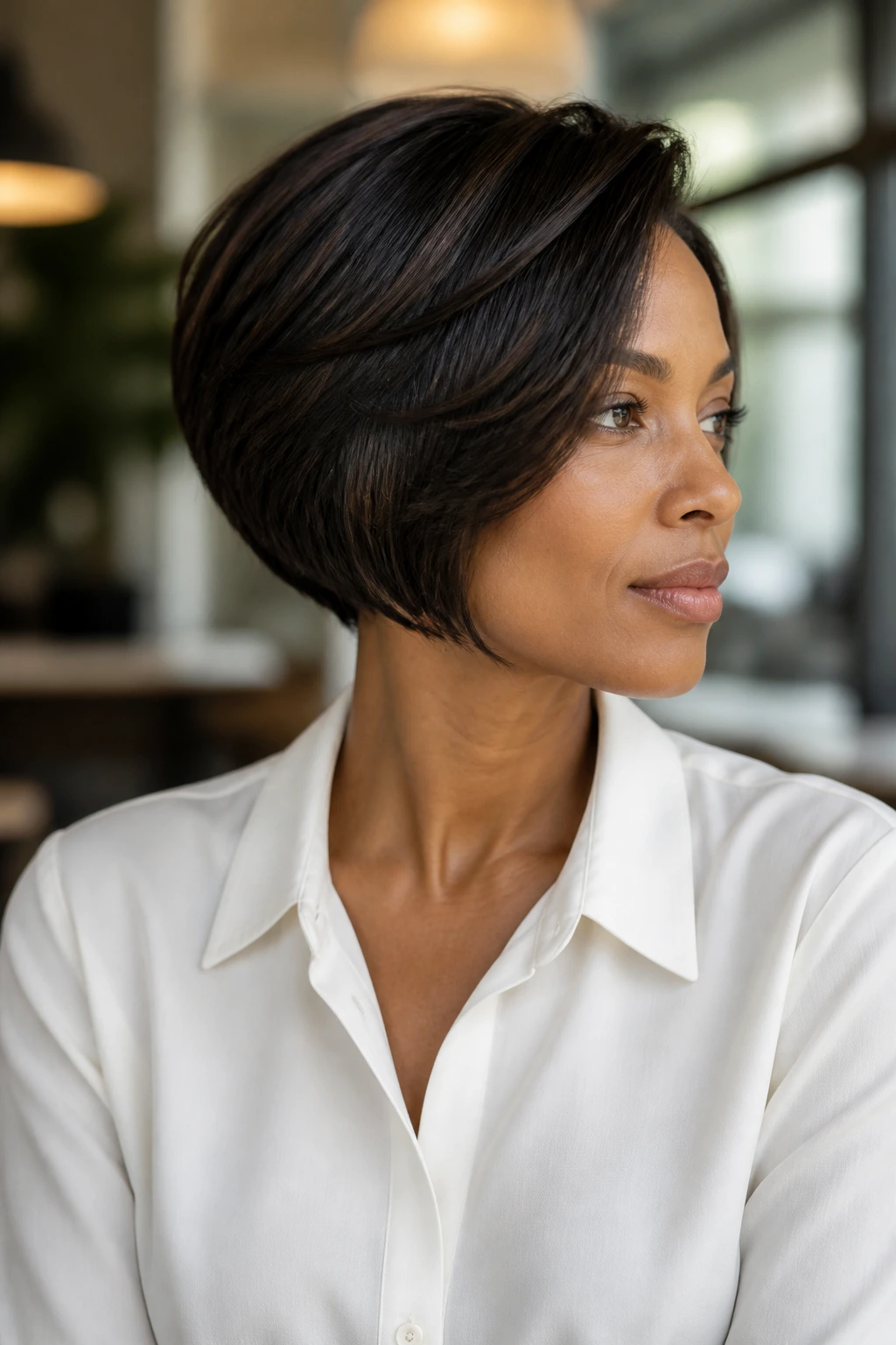 Close-up portrait of a real woman with a tucked-nape bob and neat neckline