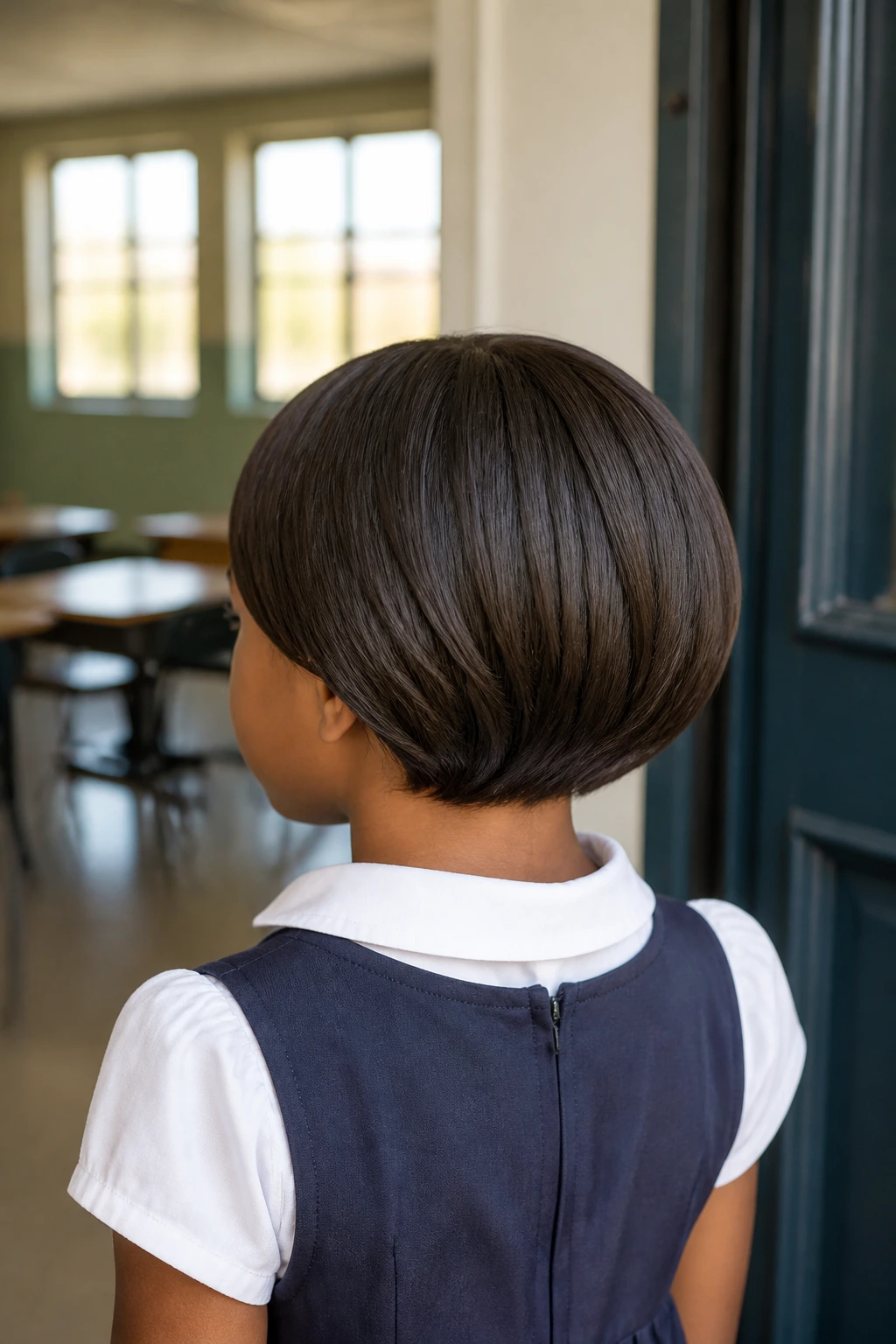 Rear three-quarter view of a real child with a tucked-nape school bob