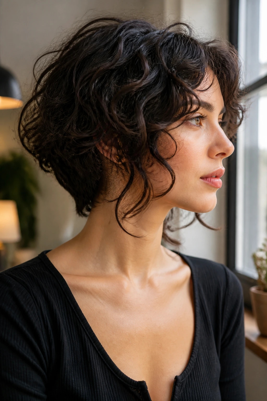 Side-profile of a real person with tucked-nape lob and bent front pieces