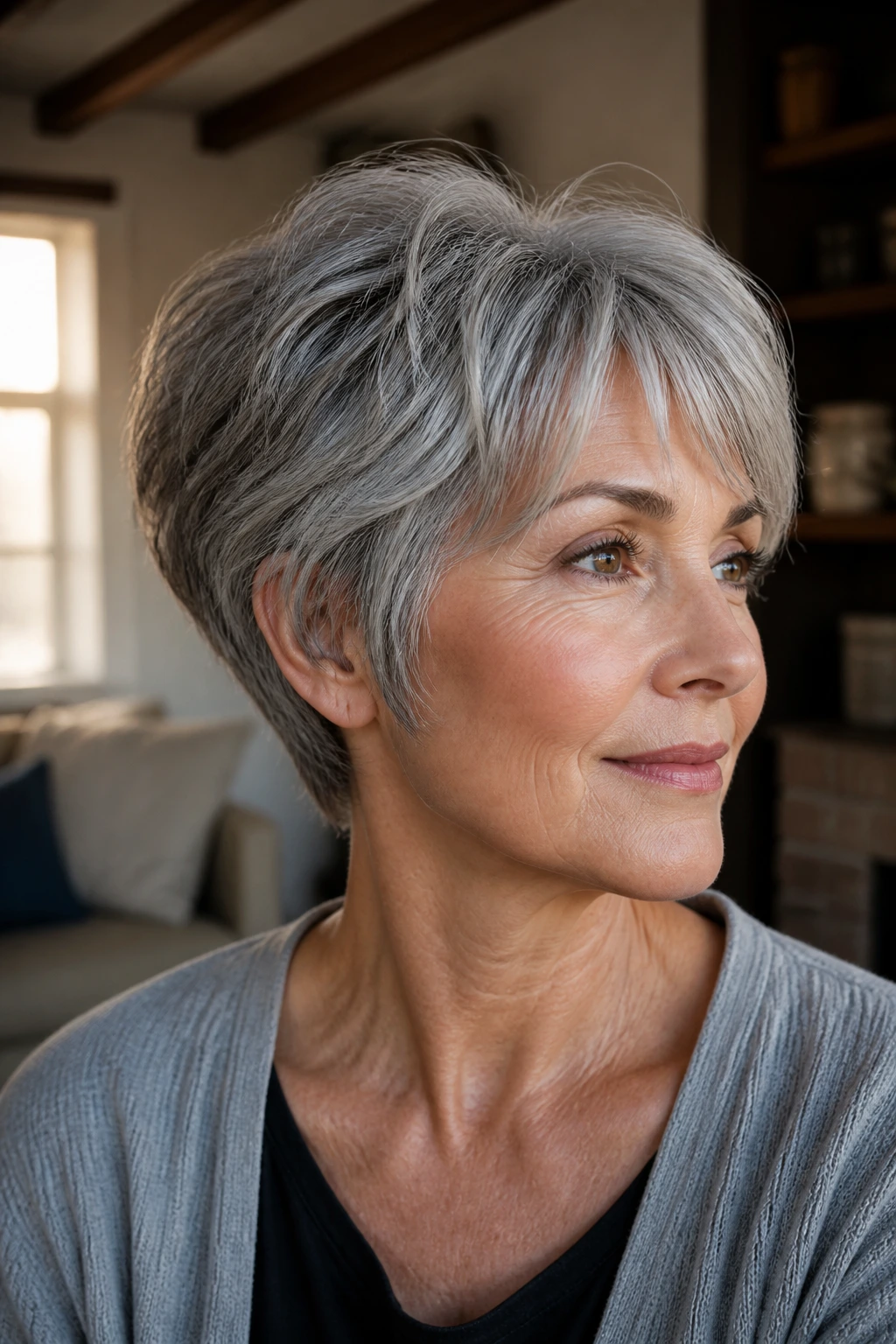 Close-up portrait of a real woman with tucked-nape shag bob on salt-and-pepper hair.