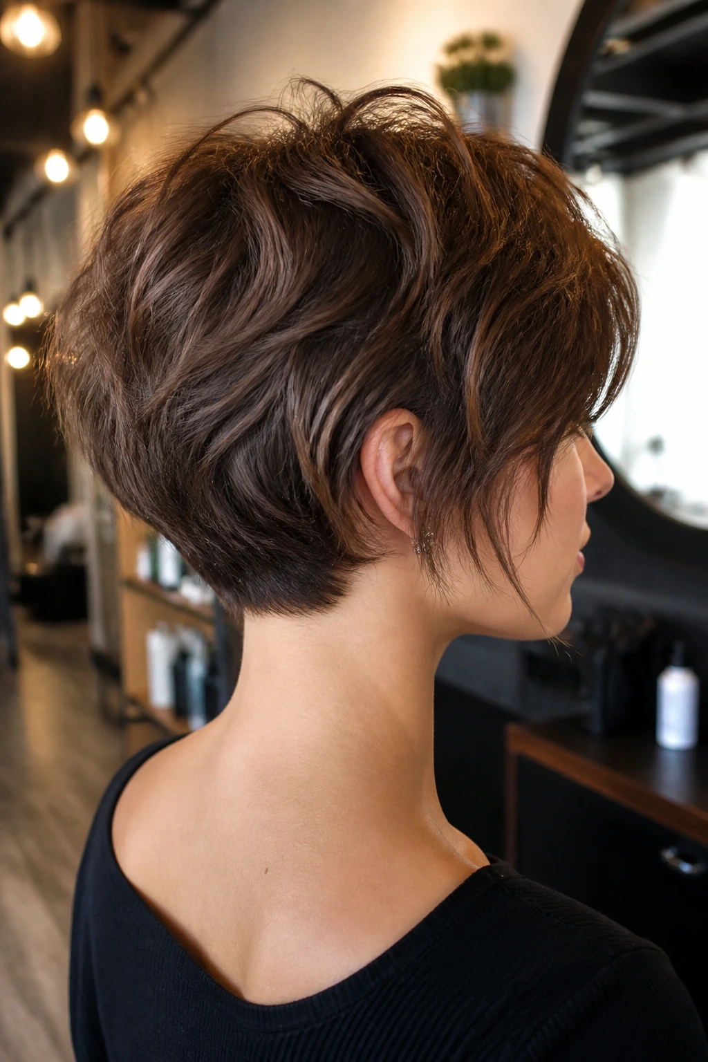 Rear three-quarter view of a real person with tucked-nape shag crop in a salon
