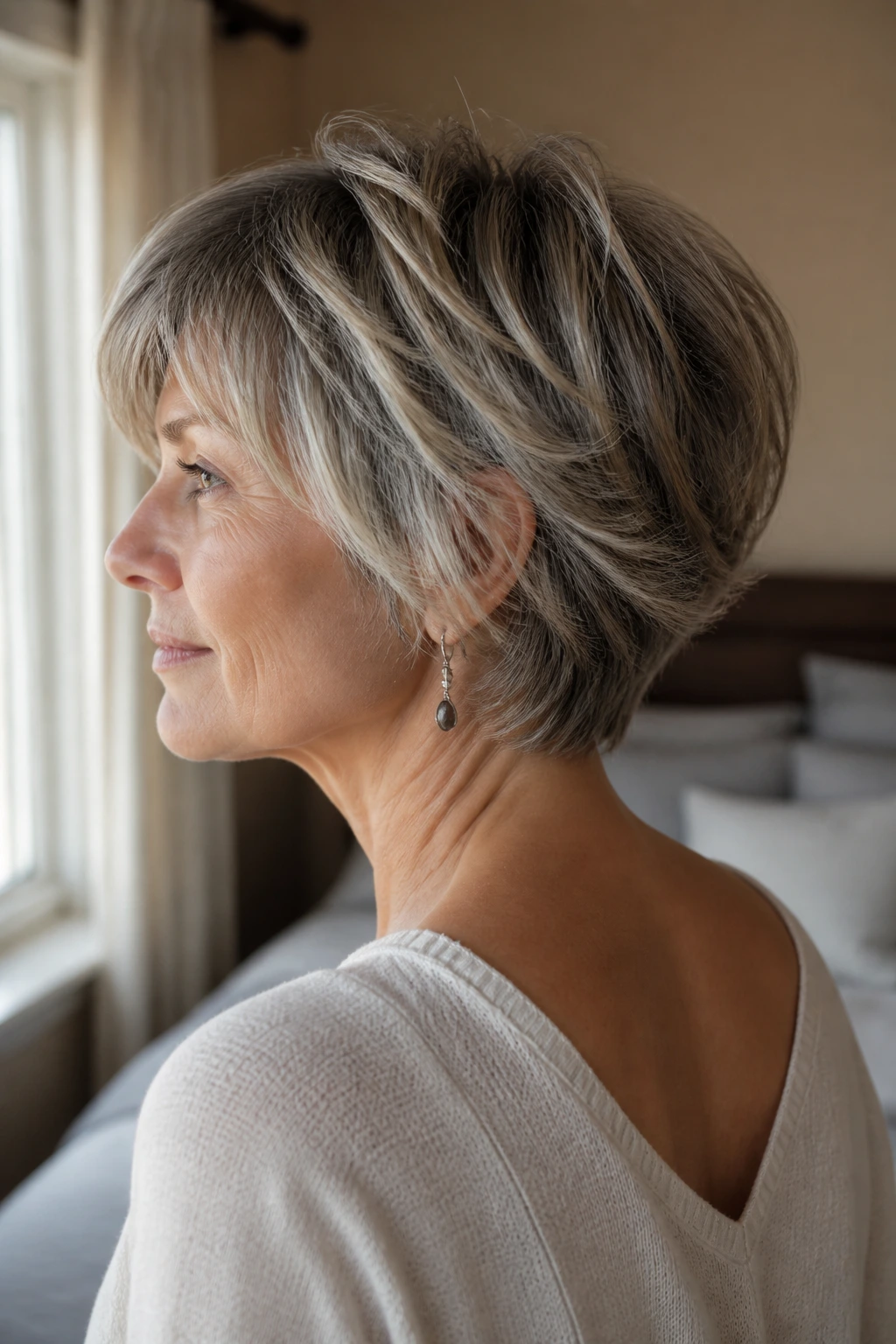 Close-up portrait of a real woman with a tucked nape shag and neat nape silhouette.