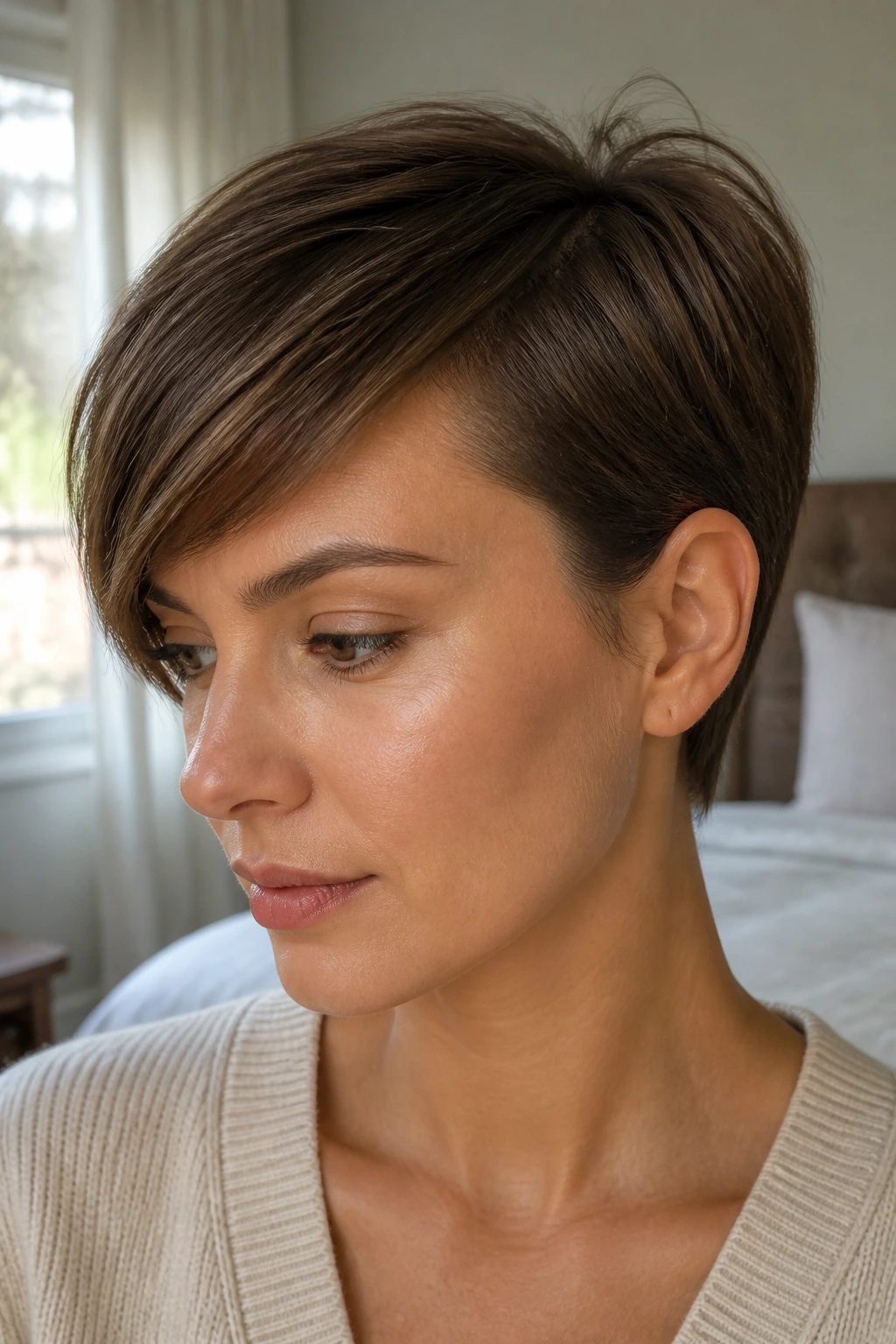 Close-up of a real person with tucked pixie fringe behind one ear