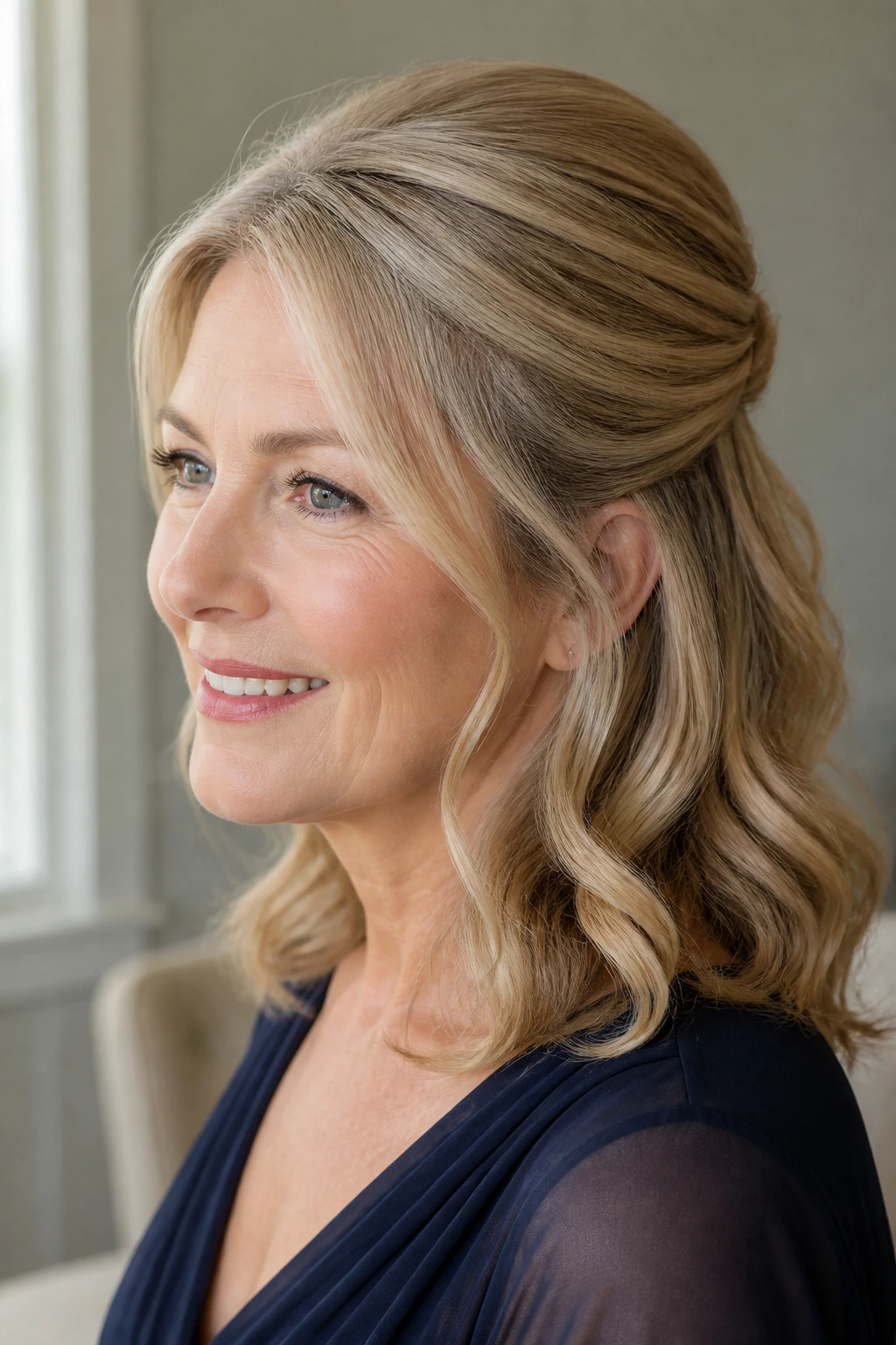 Portrait of a woman with tucked roll half-up hairstyle forming a smooth crown ridge.