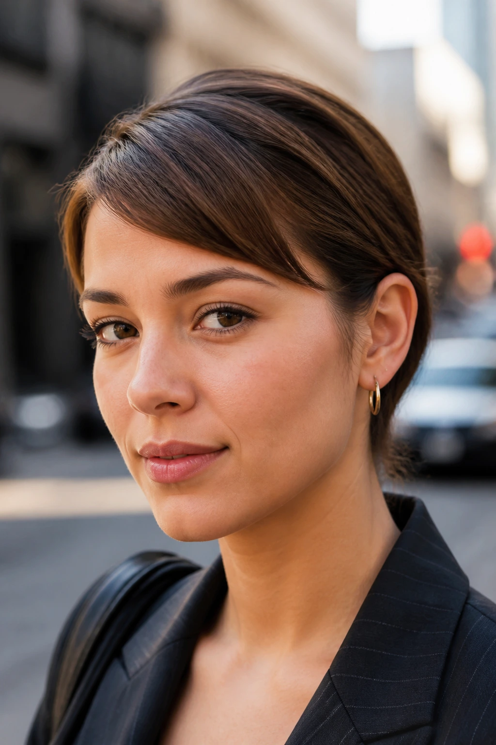 Close-up of a real woman with a tucked side fringe behind her ear on a city street