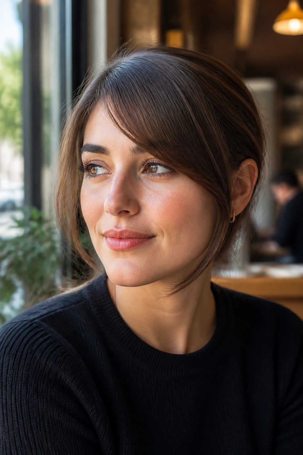 Portrait of a real woman with tucked side-sweep bangs ending at the jawline