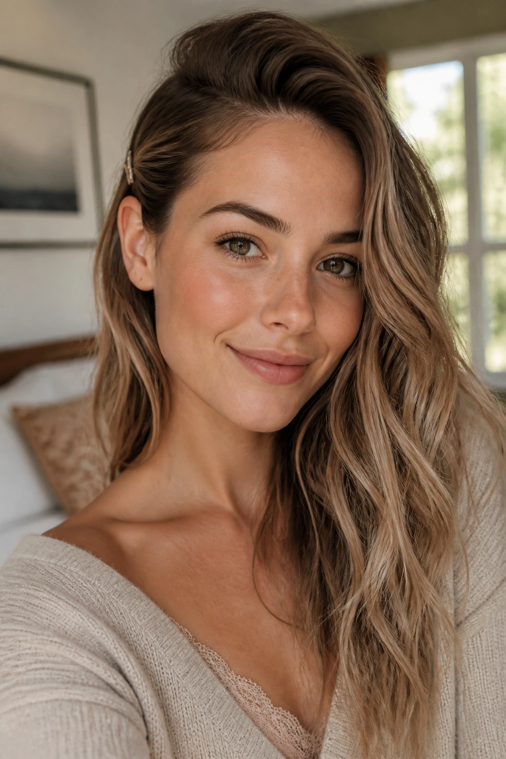 Close-up of a real woman with tucked-side lived-in waves and a subtle tuck.