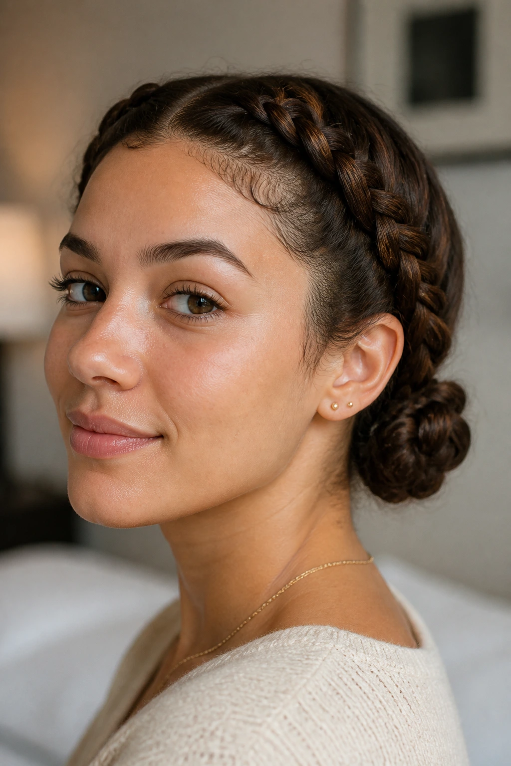 Twin braids tucked into two low buns at the nape on a real woman