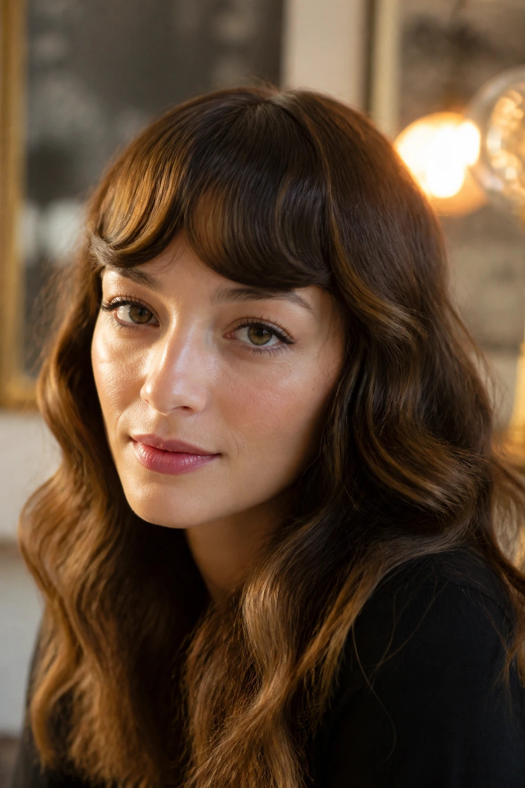 Close-up of a real woman with tucked-under retro bangs and vintage curve