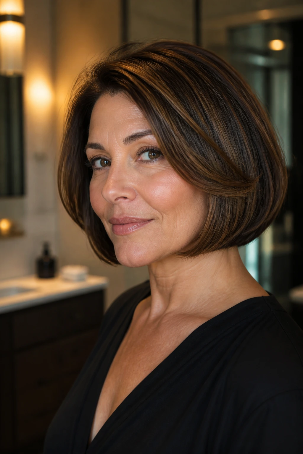 Close-up of a real woman with tucked-under blowout bob