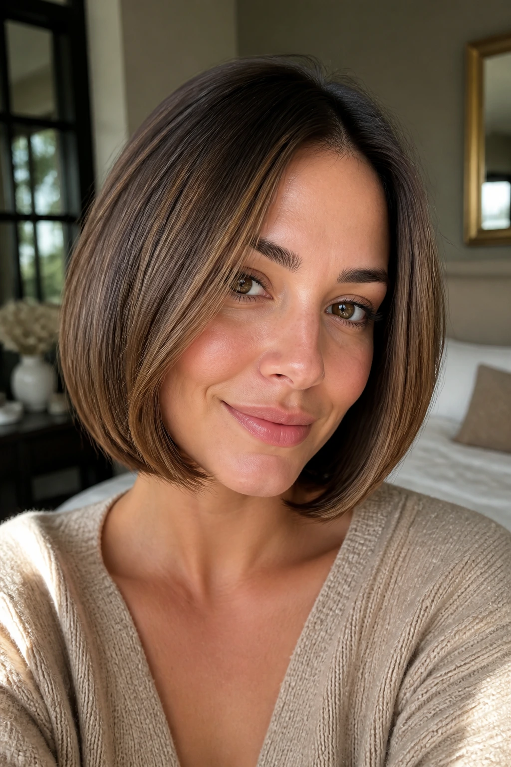 Close-up of a real woman with a tucked-under bob and caramel lowlights in warm window light