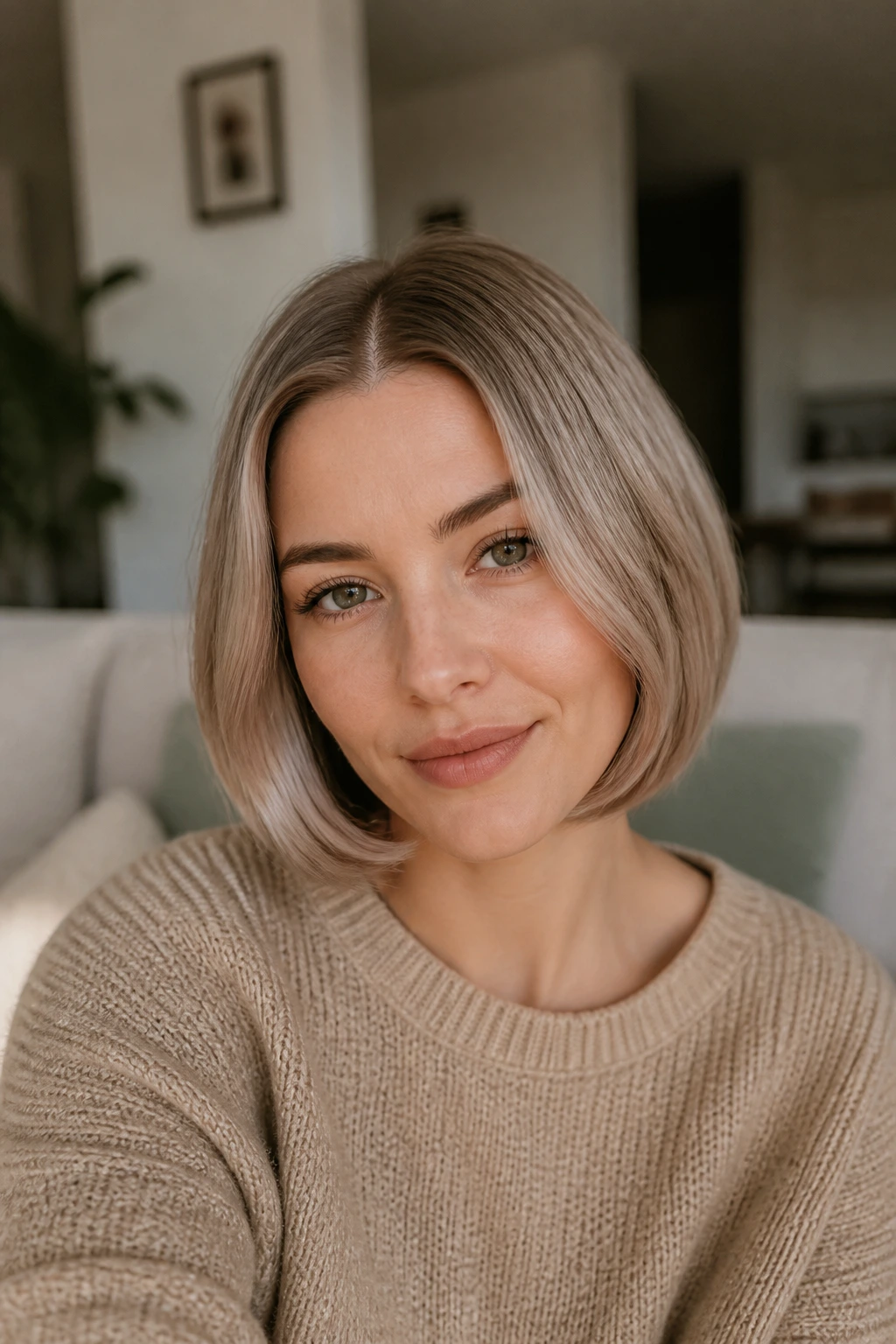Real person with tucked-under chin bob and center part in a softly lit living room.