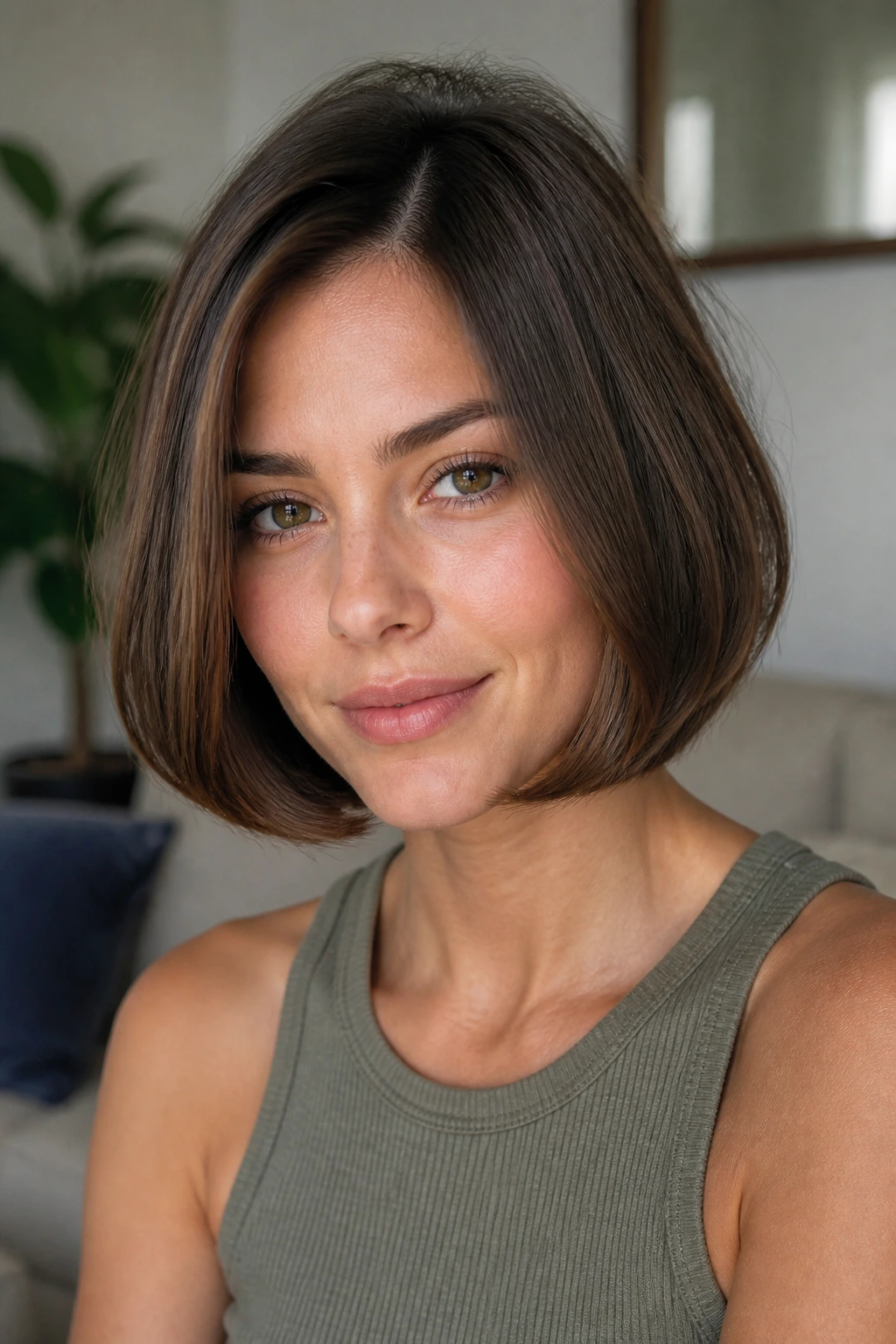 Close-up of a woman with a tucked-under bob showing inward jawline curve.