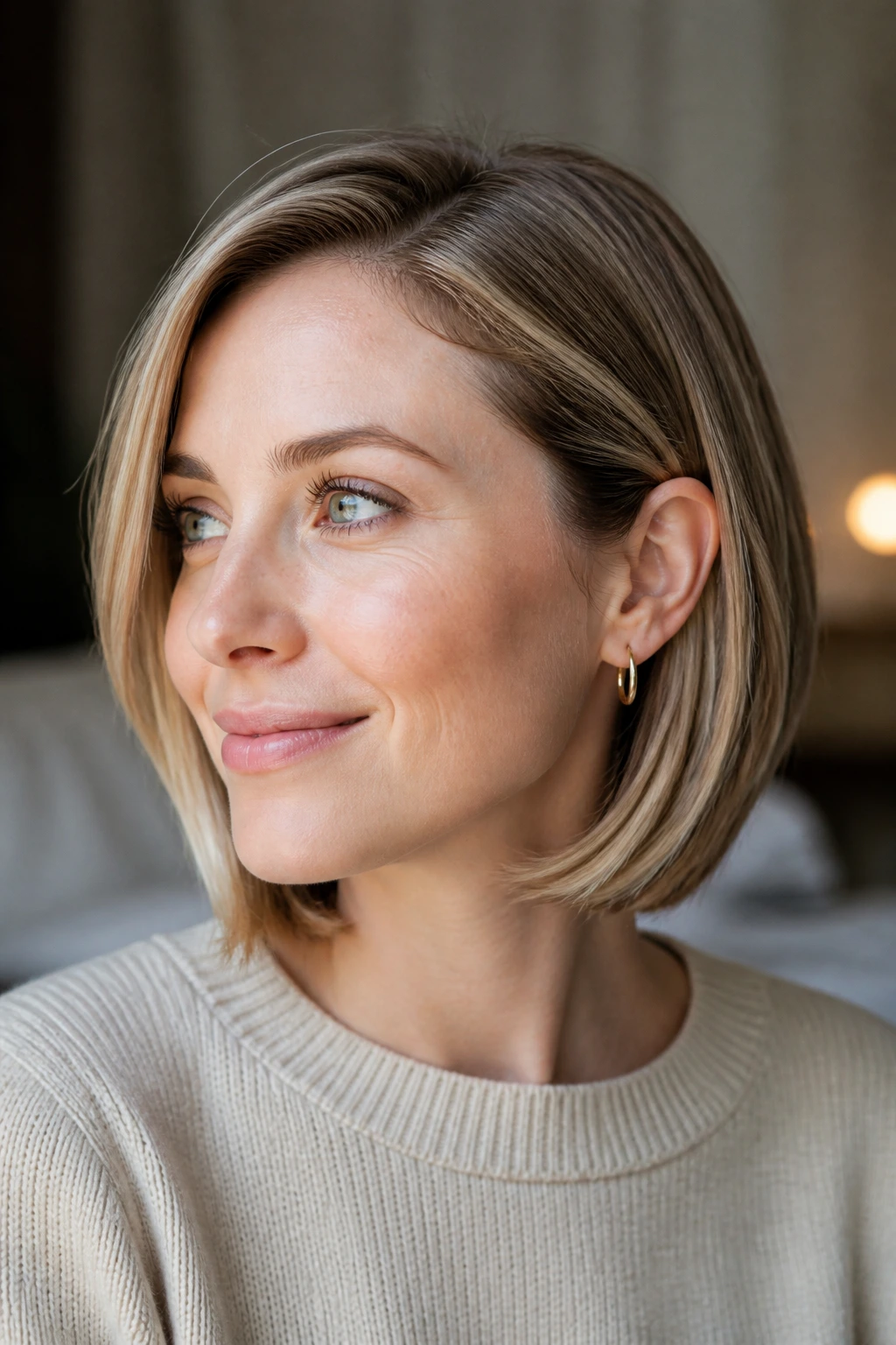 Close-up of a woman with a tucked-under bob