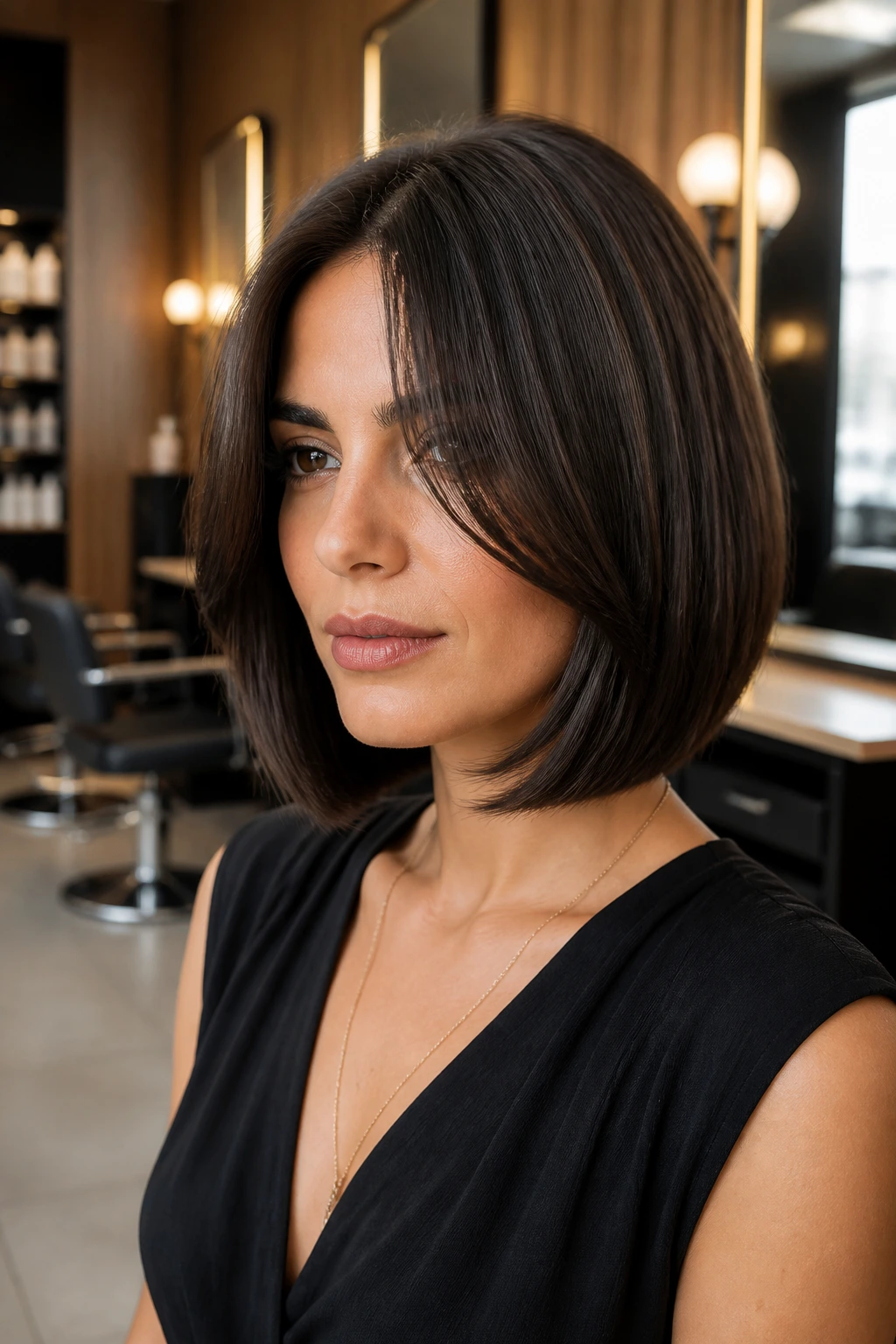Close-up of a real woman with a tucked-under bob and longer bangs in a chic salon.